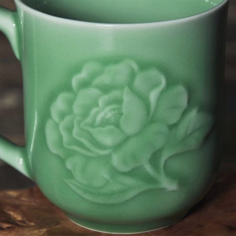 Handmade Celadon Teacups 13oz Coffee Mugs with Lid Porcelain Cups Embossed with Peony Chinese Celadon(01-Green) - Image 4